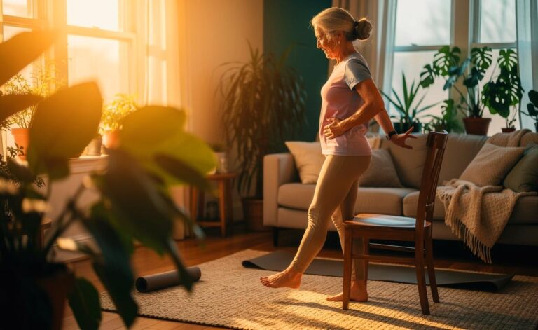 Illustration von einer Person über 60, die morgens zu Hause einfache Übungen für bessere Gelenkfunktion und mehr Energie ausführt