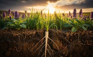 Illustration von Gründüngerpflanzen im Herbst, die den Boden für den Frühling vorbereiten