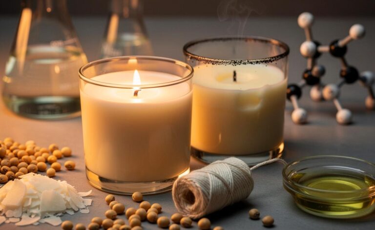 Illustration von Naturkerzen aus Sojawachs und ihrer chemischen Überlegenheit gegenüber herkömmlichen Kerzen